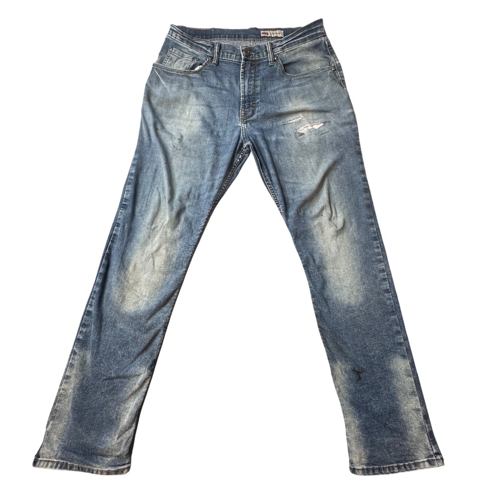 Wrangler Jeans Mens 33x30 Blue Slim Straight Distressed Faded Denim Pants